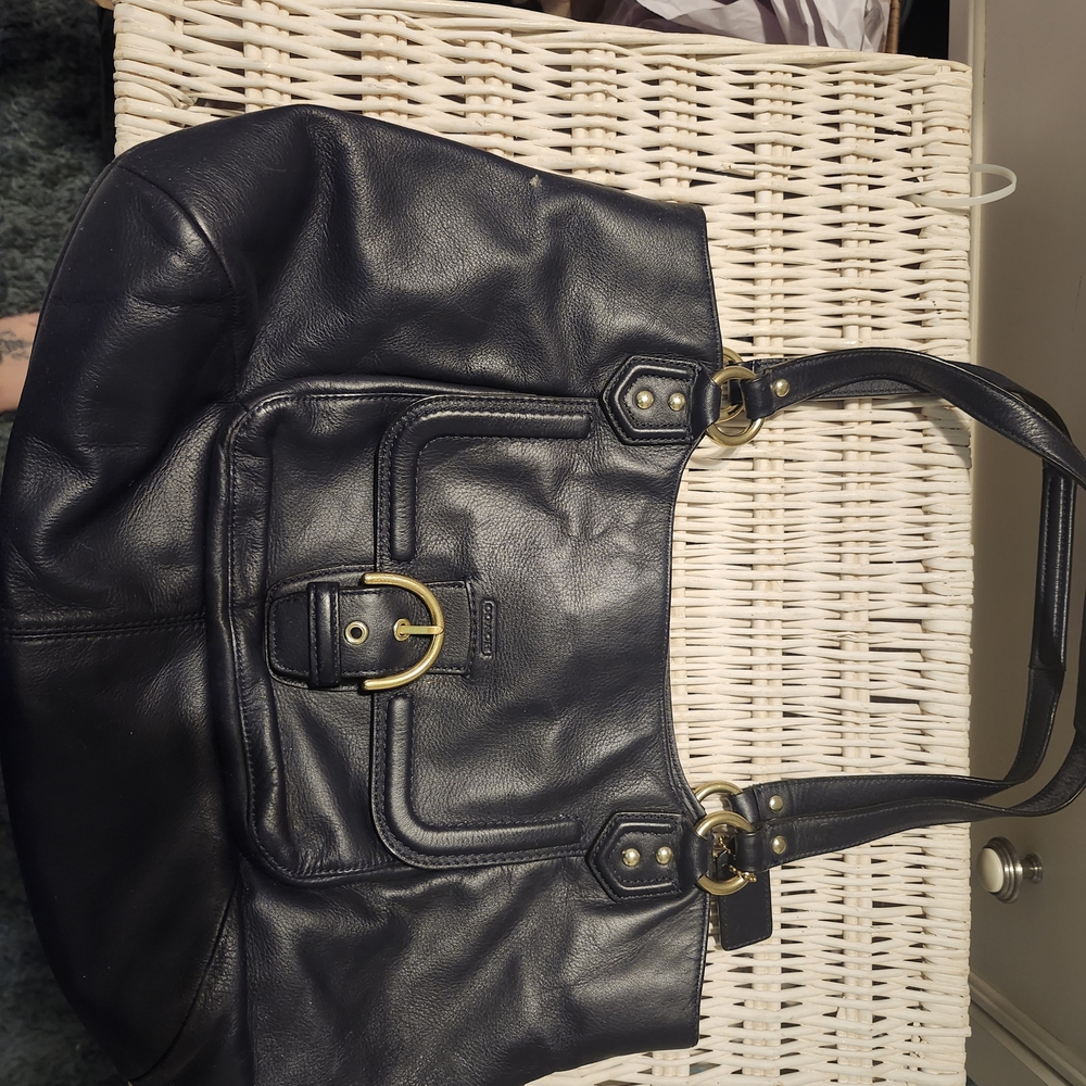 Coach Black Leather Shoulder Bag with Gold-Tone Buckle